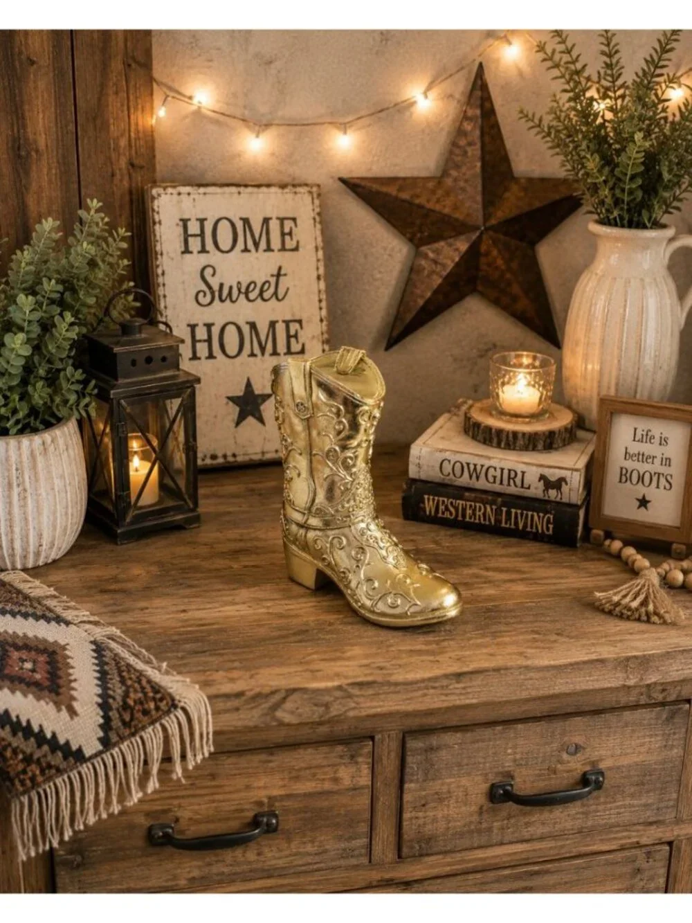 New Large Metallic Gold Western Cowboy Cowgirl Rustic Country Figurine Statue